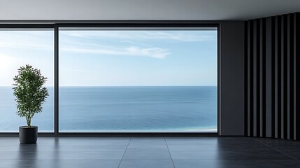 Obraz premium Terrace with panoramic windows overlooking the sea. Black balcony room with access to the beach