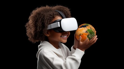 Virtual Globe Explorer: A young girl with vibrant, curly hair smiles radiantly as she explores a virtual globe using VR technology.
