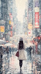A girl in the city, walking with an umbrella under heavy snowfall, in the style of watercolor