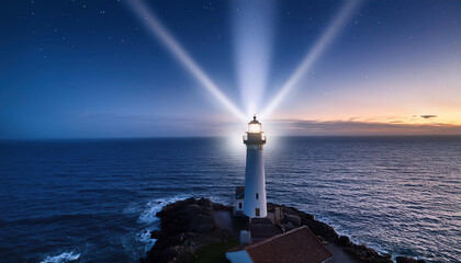 Aerial view of the lighthouse at sunset on a rocky coast  with rays of light.