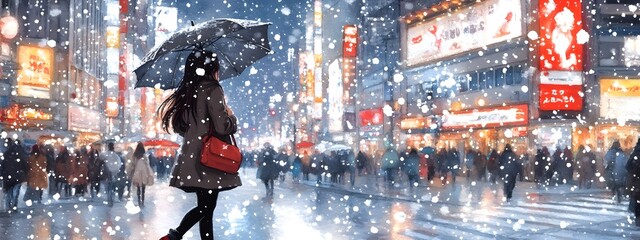 A girl in the city, walking with an umbrella under heavy snowfall, in the style of watercolor