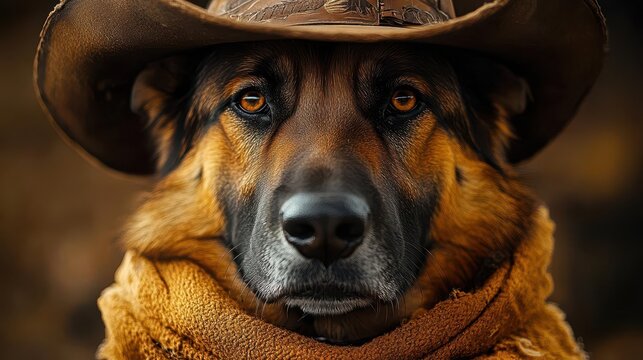surreal portrait of a german shepherd styled as a cowboy complete with a hat and dramatic studio lighting adding depth and intrigue