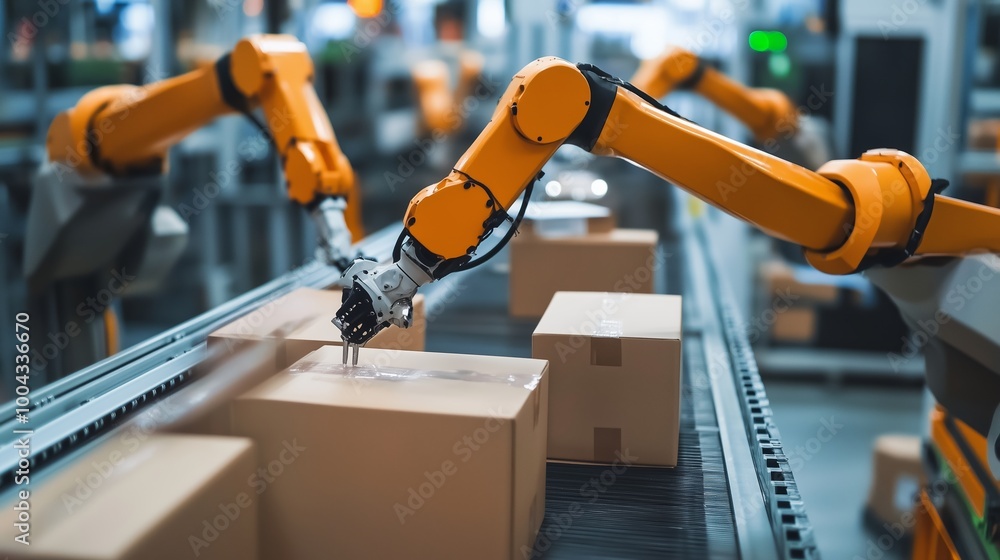 Poster robotic arms sorting packages on an assembly line in a modern warehouse during daytime operations