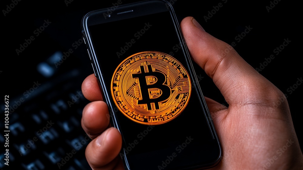 Poster bitcoin on smartphone: a hand holds a smartphone displaying a gleaming bitcoin cryptocurrency symbol