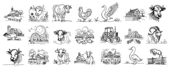 charming farm animals and rural scenes in sketch style