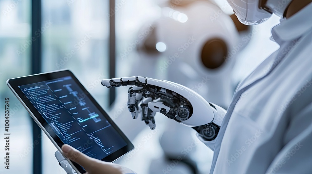 Poster businessman working with ai on tablet and laptop, integrating artificial intelligence into daily lif