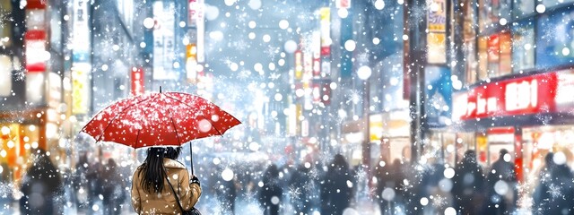 A girl in the city, walking with an umbrella under heavy snowfall, in the style of watercolor