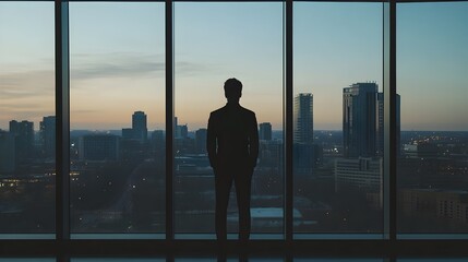 Fototapeta premium Solitary Silhouette Gazing at Cityscape from High-Rise Office Window at Dusk