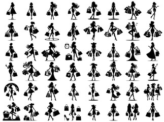 silhouettes of fashionable shoppers with bags and style vector shape