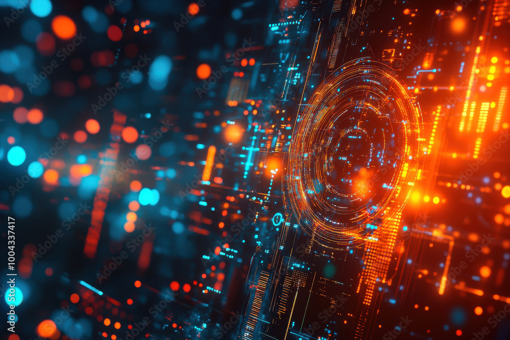 Poster dynamic visualization of futuristic technology with vibrant lights and intricate patterns illuminati