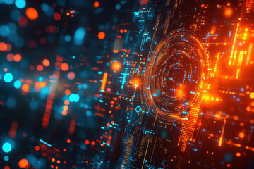 Obraz premium Dynamic visualization of futuristic technology with vibrant lights and intricate patterns illuminating a digital landscape. Generative AI