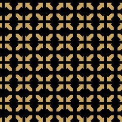 Abstract geometric pattern with crosses, stripes, lines. Seamless vector background. Black and gold ornament. Modern reticulated graphic design.