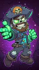 Cartoon Pirate Zombie Character with Green Glowing Eyes and Hands