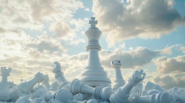 Chess king standing tall with fallen chess pieces symbolizing leadership, teamwork, and the challenges of global business industries.