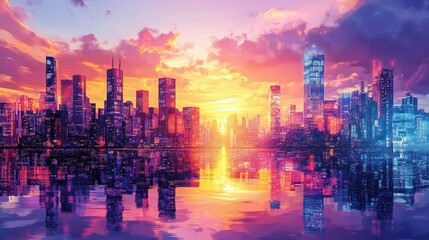 Fototapeta premium City of the future: A glowing 2025 skyline, buildings reaching the sky, with vibrant activity under a serene sunset.