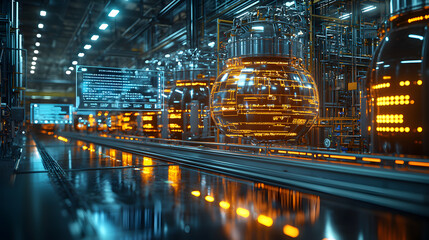 Fototapeta premium A modern factory interior showcasing advanced machinery and glowing equipment, highlighting innovation in industrial technology.