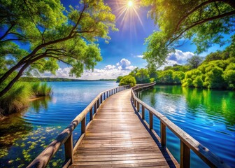 Naklejka premium Serene Boardwalk Leading to Tranquil Waters with Lush Greenery and Clear Blue Sky Above