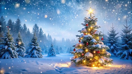 Festive Christmas Snowy Background with Holiday Lights and Decorated Christmas Tree in Snowy Forest with Snowfall Copy Space