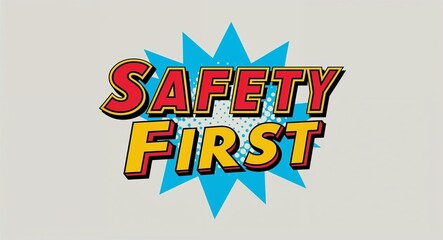 safety first word lettering in retro pop art style design on plain white background