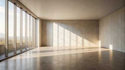 Fototapeta premium Minimalist empty interior with soft sunlight casting shadows on walls and floors