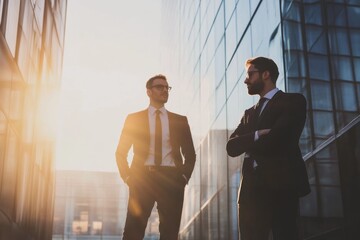 Two businessmen conversing under bright urban sunlight