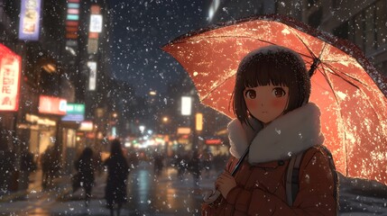 A girl in the city, walking with an umbrella under heavy snowfall, in the style of watercolor