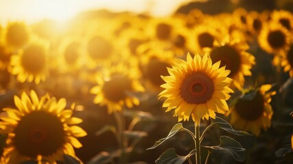 Naklejka premium A Sunflower in a Field of Sunflowers at Sunset