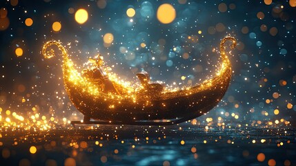 Obraz premium Enchanted Sleigh Ride: A magical journey through a sparkling winter wonderland. Glowing sleigh, filled with golden light, glides across a dreamy, bokeh-filled landscape. Perfect for fantasy, winter.