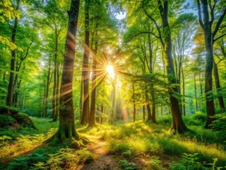 Obraz premium Serene Light Dappled Forest Scene with Sunlight Filtering Through Leaves and Lush Greenery Surroundings
