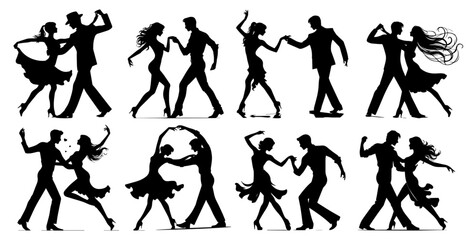dynamic silhouettes of dance couples in various poses vector