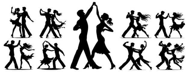 dynamic silhouettes of dance couples in various poses vector