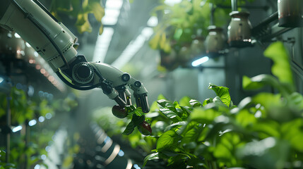 Robotic arms picking ripe vegetables in a high-tech vertical farming setup