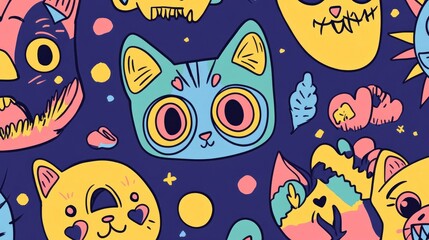 Naklejka premium Cute Cats, Dogs, and Skulls Doodle Pattern Design for Creative Projects