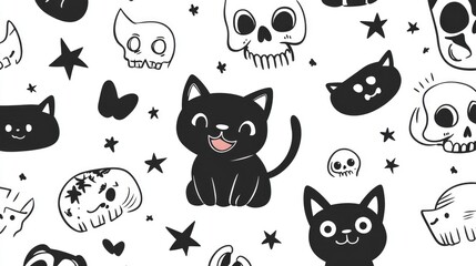 Cute Cats, Dogs, and Skulls Doodle Pattern Design for Creative Projects