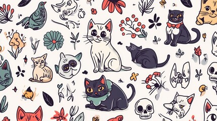 Cute Cats, Dogs, and Skulls Doodle Pattern Design for Creative Projects