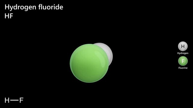 3D model of hydrogen fluoride (HF) is a poisonous, colorless gas or liquid that dissolves in water to form hydrofluoric acid, which is used as a principal source of fluorine. 3d render. Black back.