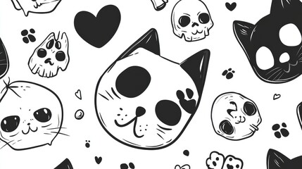 Fototapeta premium Cute Cats, Dogs, and Skulls Doodle Pattern Design for Creative Projects