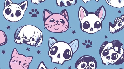 Obraz premium Cute Cats, Dogs, and Skulls Doodle Pattern Design for Creative Projects