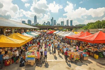 Vibrant open air marketplace brimming with an eclectic mix of colorful stalls and lively crowds of people rendered in a loose