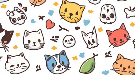 Obraz premium Cute Cats, Dogs, and Skulls Doodle Pattern Design for Creative Projects