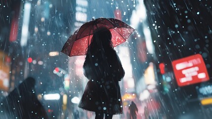 A girl in the city, walking with an umbrella under heavy snowfall, in the style of watercolor
