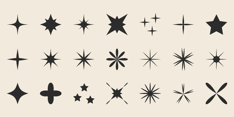 Blinking stars, sparks and sparkles set. Abstract shine effect sign. Shining twinkle sunburst shapes collection. Vector illustration