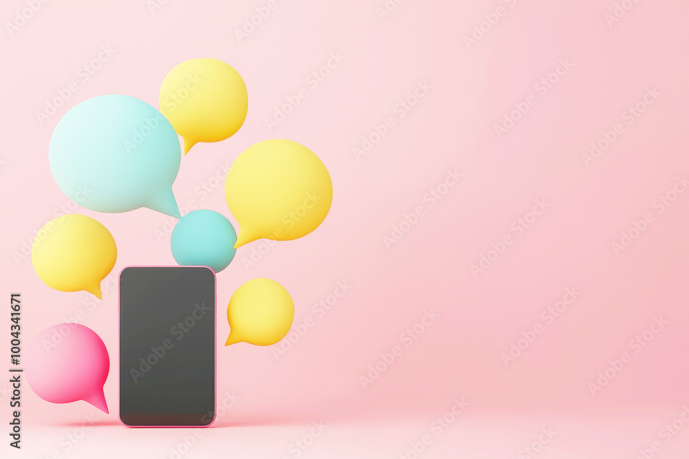 Poster modern smartphone with colorful chat bubbles floating around