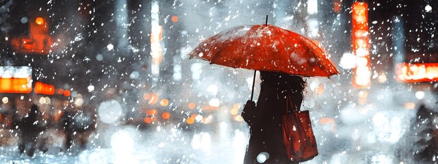 A girl in the city, walking with an umbrella under heavy snowfall, in the style of watercolor
