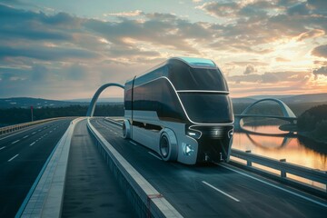 A futuristic truck on the road, an Autonomous truck with artificial intelligence, drives over a bridge over the river Cargo delivery, transportation of the future. Artificial intelligence Self-driving