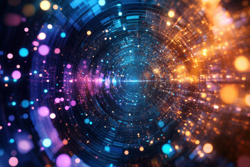 Obraz premium A vibrant exploration through a digital universe filled with swirling light trails and colorful particles. Generative AI