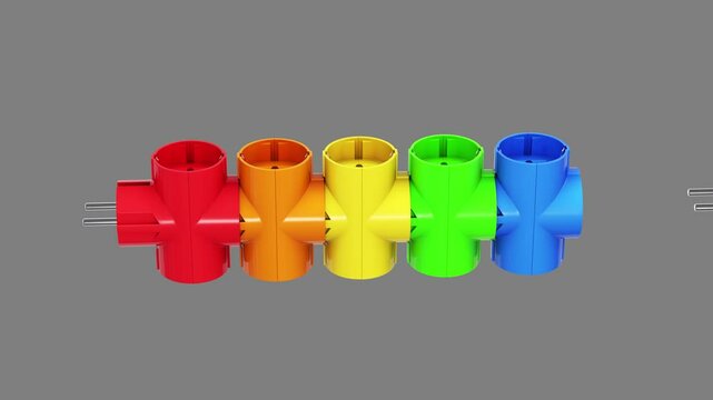 group of a colorful tees conforming to European standards, with three output channels. A set of six adapters is arranged in a linear order, resembling a chain. Isolated on gray background. 3D render