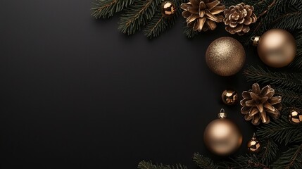Happy New Year and Christmas. Festive composition. New Year's design. Shiny golden balls, fir branches, confetti and baubles. Christmas background.