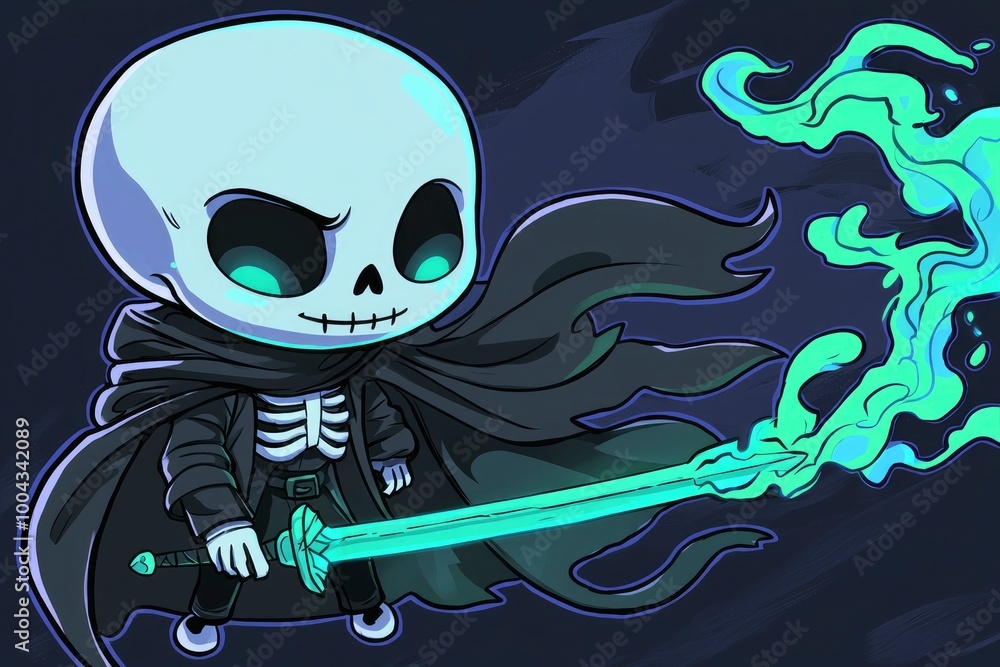 Wall mural Cartoon Skeleton Warrior Holding a Sword with Green Magic