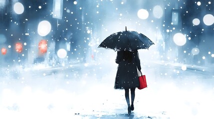 A girl in the city, walking with an umbrella under heavy snowfall, in the style of watercolor